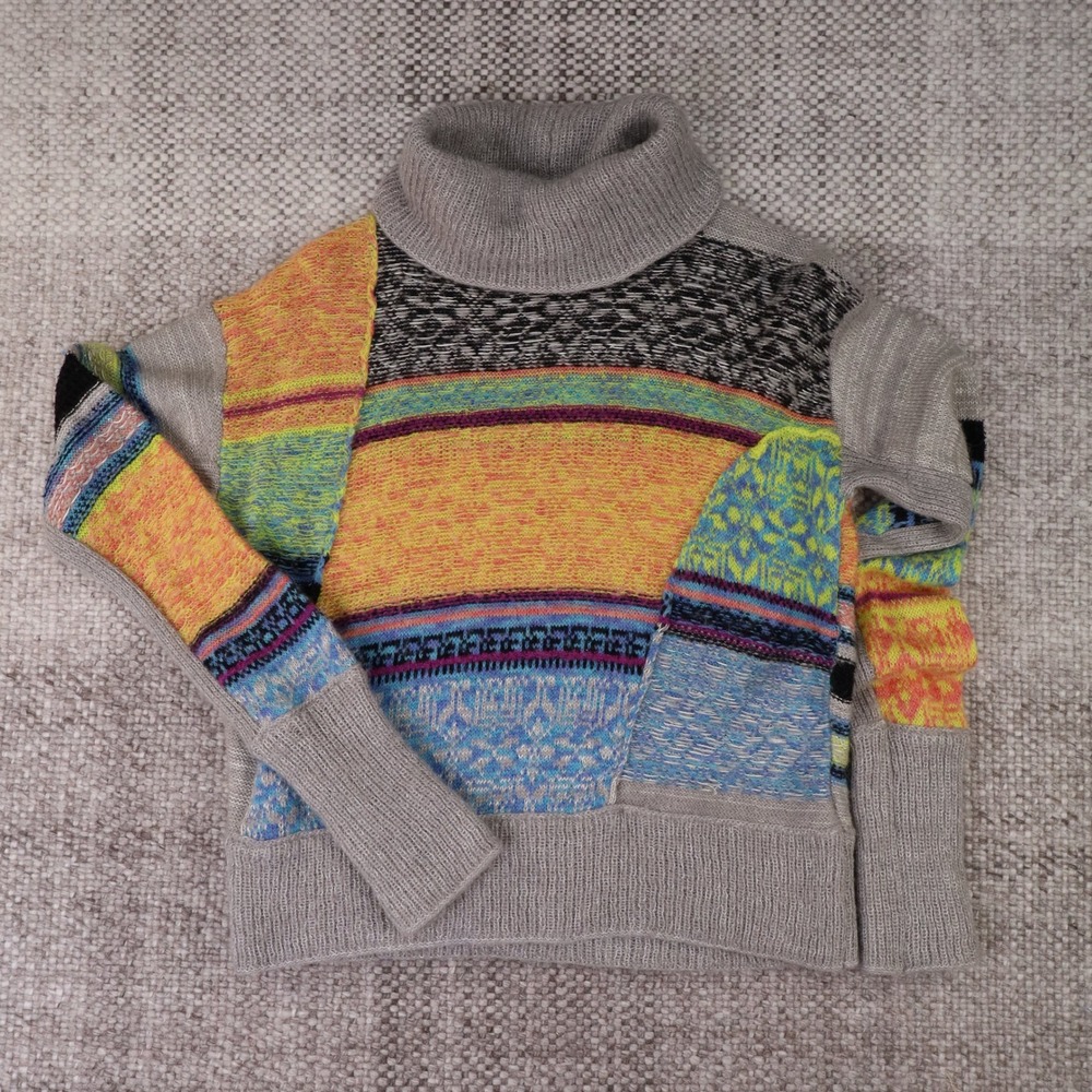 Free People Mixed Patchwork Mohair Wool Blend Turtleneck Sweater Gray Multi S